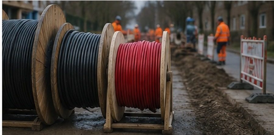 Kabelhaspels met zwarte en rode laagspanningskabels naast een open sleuf