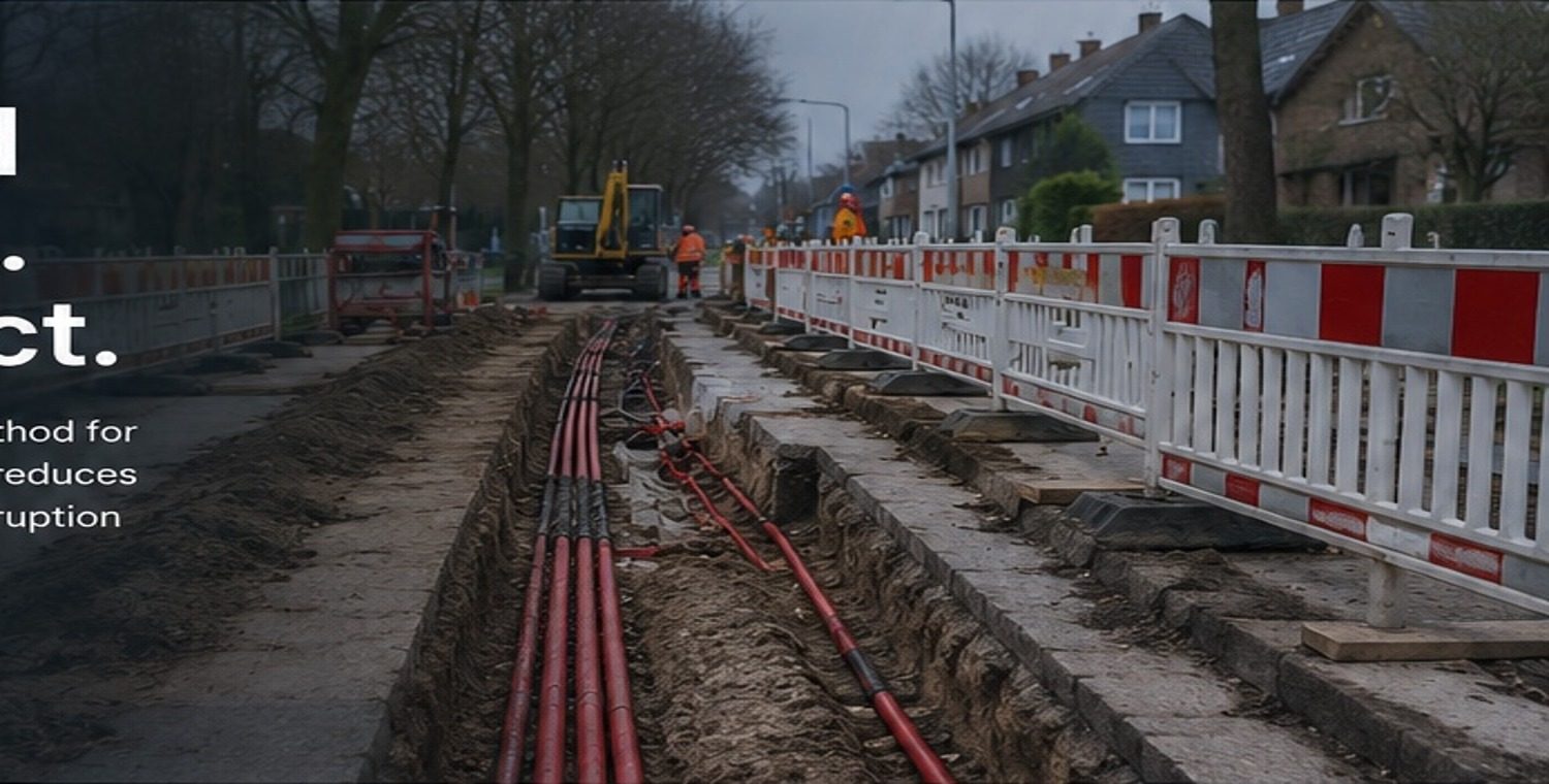 Aanleg van rode laagspanningskabels in een open sleuf in een woonstraat